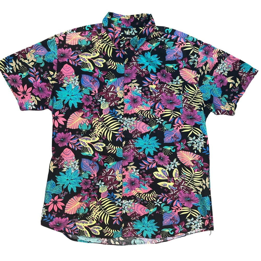 Molokai Surf Co Mens Tropical Floral Hawaiian Button Down Shirt Black Cotton XXL